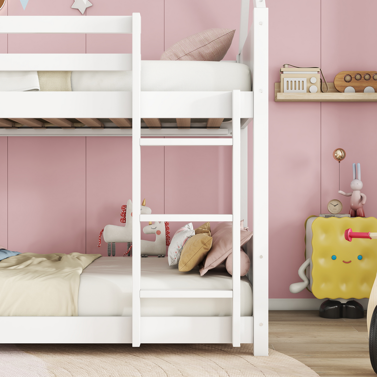 SESSLIFE Bunk Bed Twin Over Twin, Low Floor Bunk Bed with Guard Rails for Dorm, Small Space, No Box Spring Needed(White)