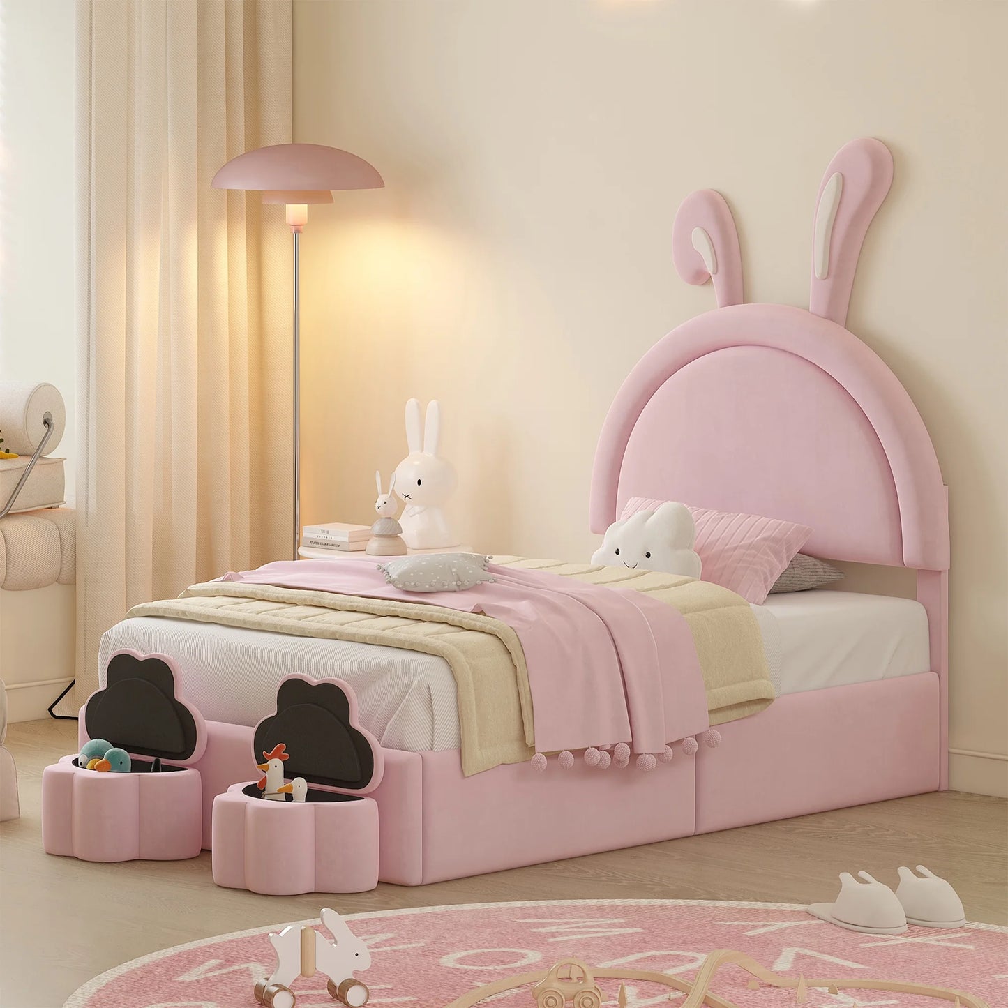 PORKISS Full Bed Frame with 2 Storage Stools, Velvet Upholstered Platform Bed with Rabbit-Shape Headboard for Kids Girls, White