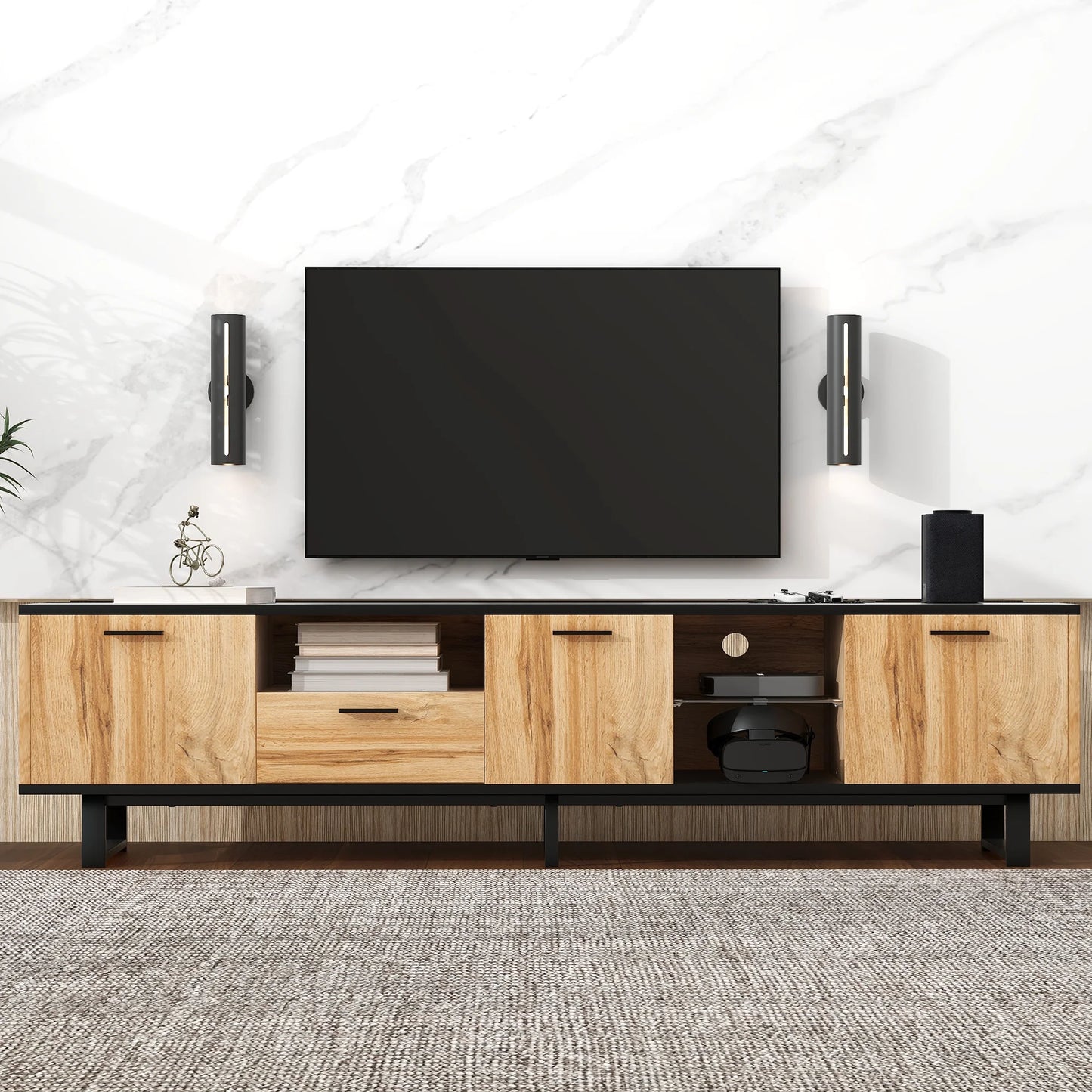 PORKISS TV Stand for 80 Inch TV, Modern Farmhouse TV Stand with 2 Cabinets and Open Storage Compartment, Home Entertainment Center, Wood+White