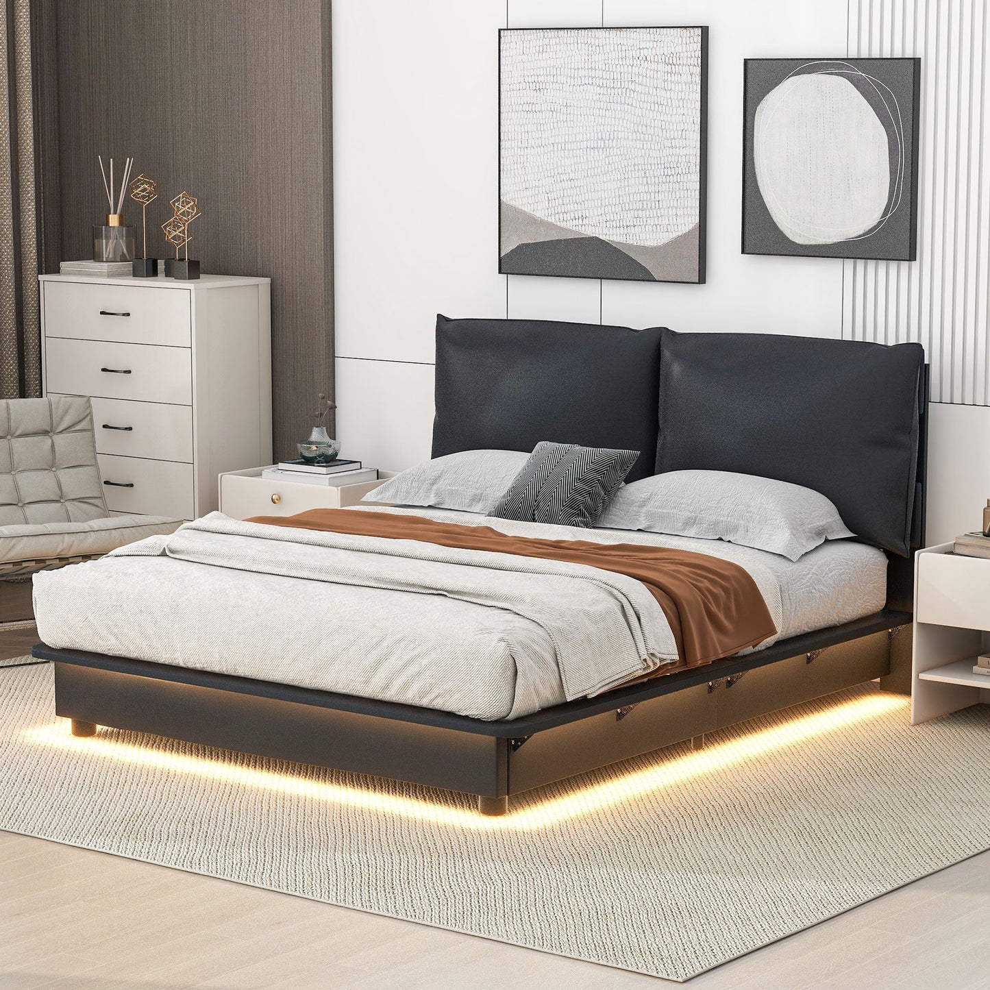 Sesslife Full Size Floating Bed Frame, Modern Upholstered Bed Frame with Smart Sensor Light, Sturdy Wood Platform Bed with Ergonomic Design Headboard, No Box Spring Needed, White