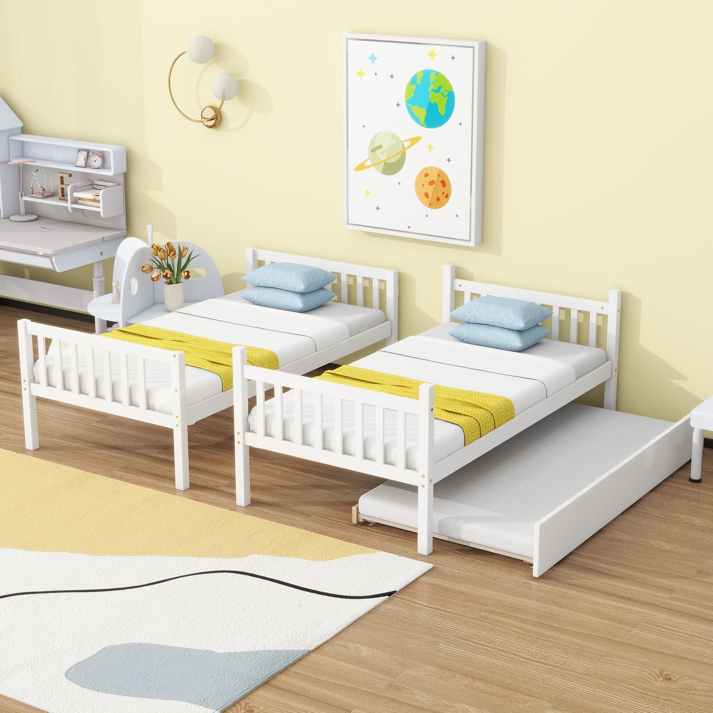 Sesslife Twin Over Twin Bunk Bed with Trundle, Wood Twin Over Twin Convertible Bunk Bed with Guardrails, Ladder, Bunk Bed for Kids, Dorm, Bedroom, White