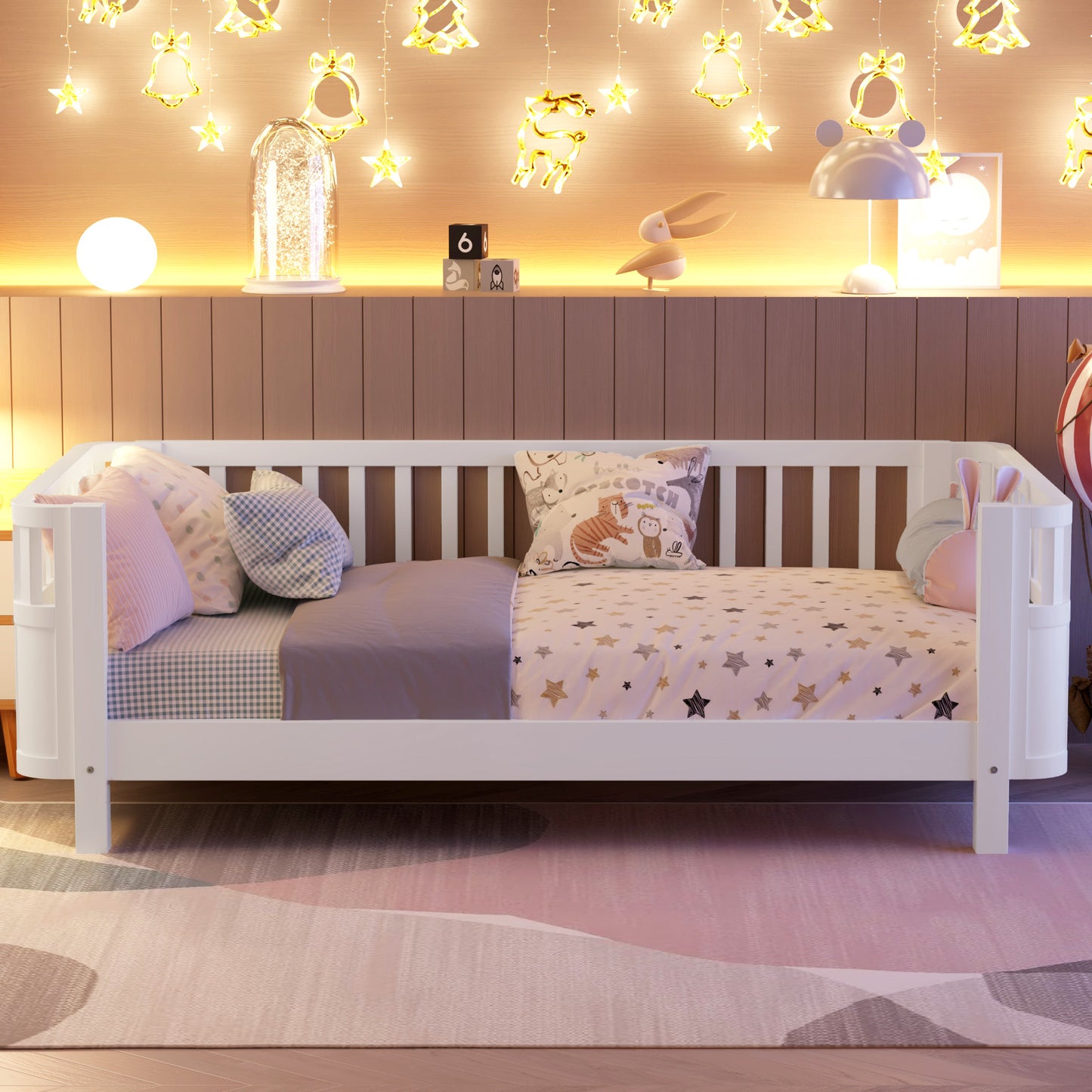 Sesslife Toddler Bed, Wood Twin Platform Bed Frame, Twin Size Bed Frame with Salts and Safety Fence for Boys Girls, Low Profile Bed Twin with Removable Guardrail, No Box Spring Needed, White