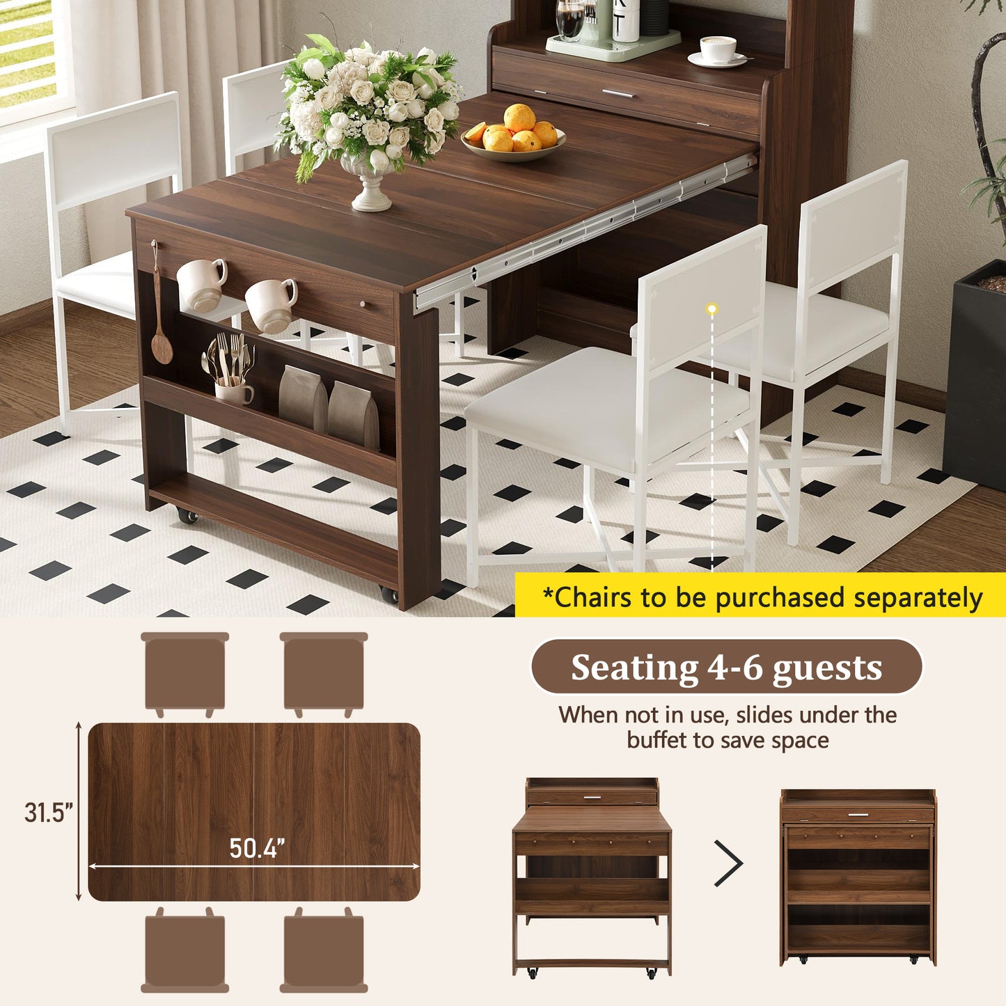 SESSLIFE Sideboard with Storage and Foldable Table, Buffet Cabinet with Hutch for Dining Room, Space Saving Design with Wheels, Farmhouse Style, Walnut