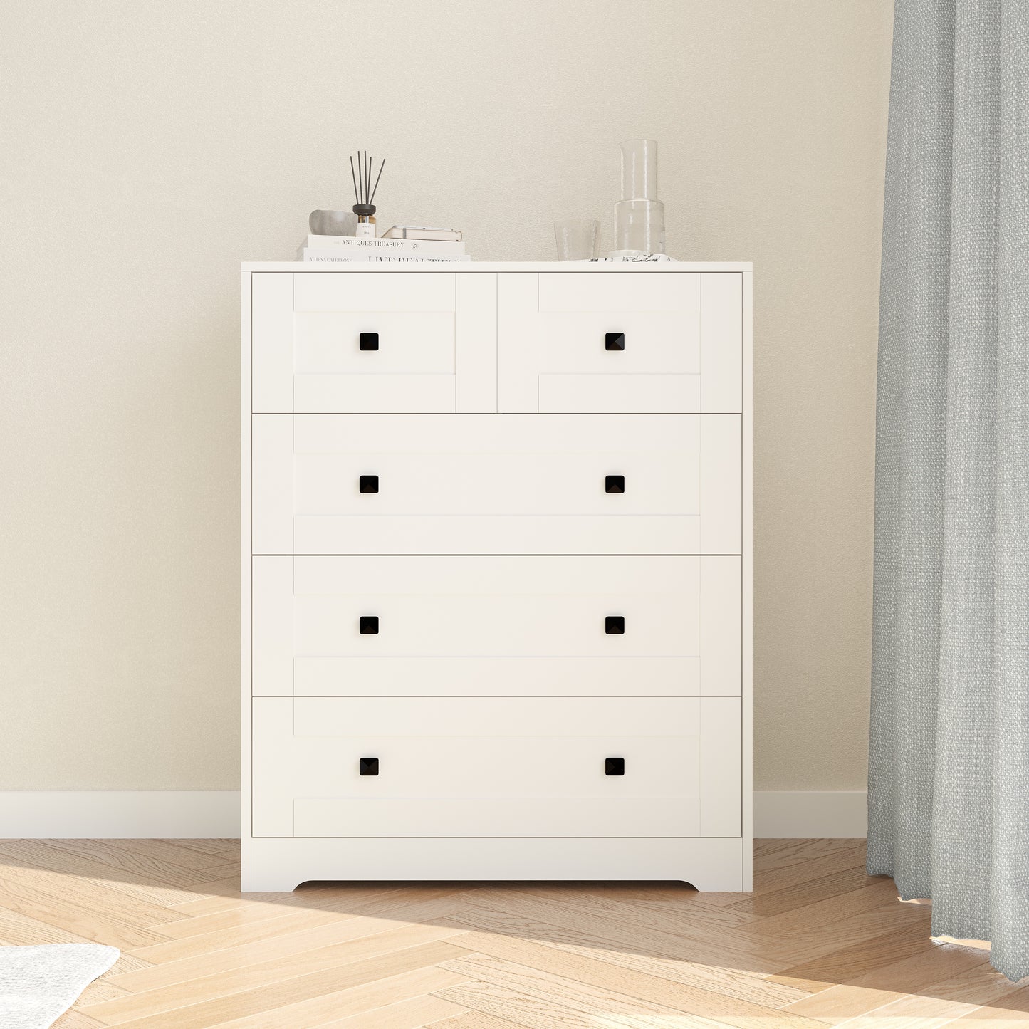 SESSLIFE 5 White Drawer Dresser, Wood Chest of Drawer with Frame Door, Modern Storage Dresser for Bedroom, Living Room