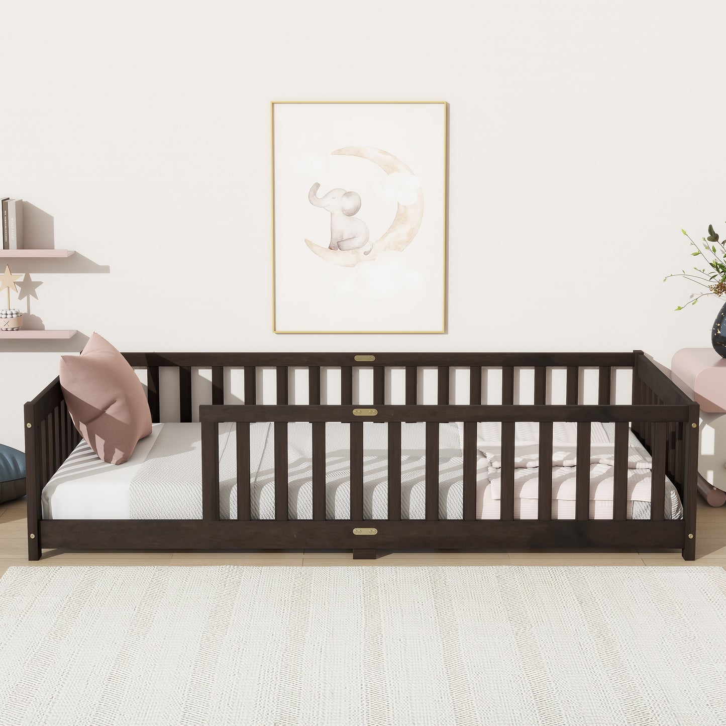 Sesslife Twin Montessori Floor Bed, Twin Size Floor Bed with Fence Without Door, Toddler Bed with Salts, Safety Guardrails, No Box Spring Needed, Twin Bed for Kids Girls, Boys, White