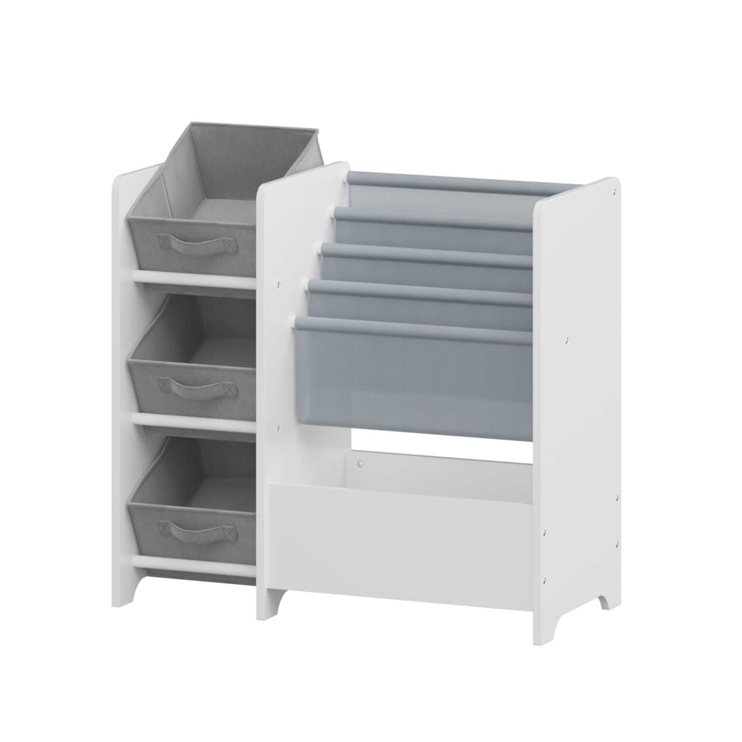SESSLIFE 4 Tier Kids Bookshelf, Wooden Bookshelf for Kids with 3 Collapsible Fabric Drawers, Modern Toy Storage Organizer, Children’s Book Display for Playroom, Nursery, White/Grey