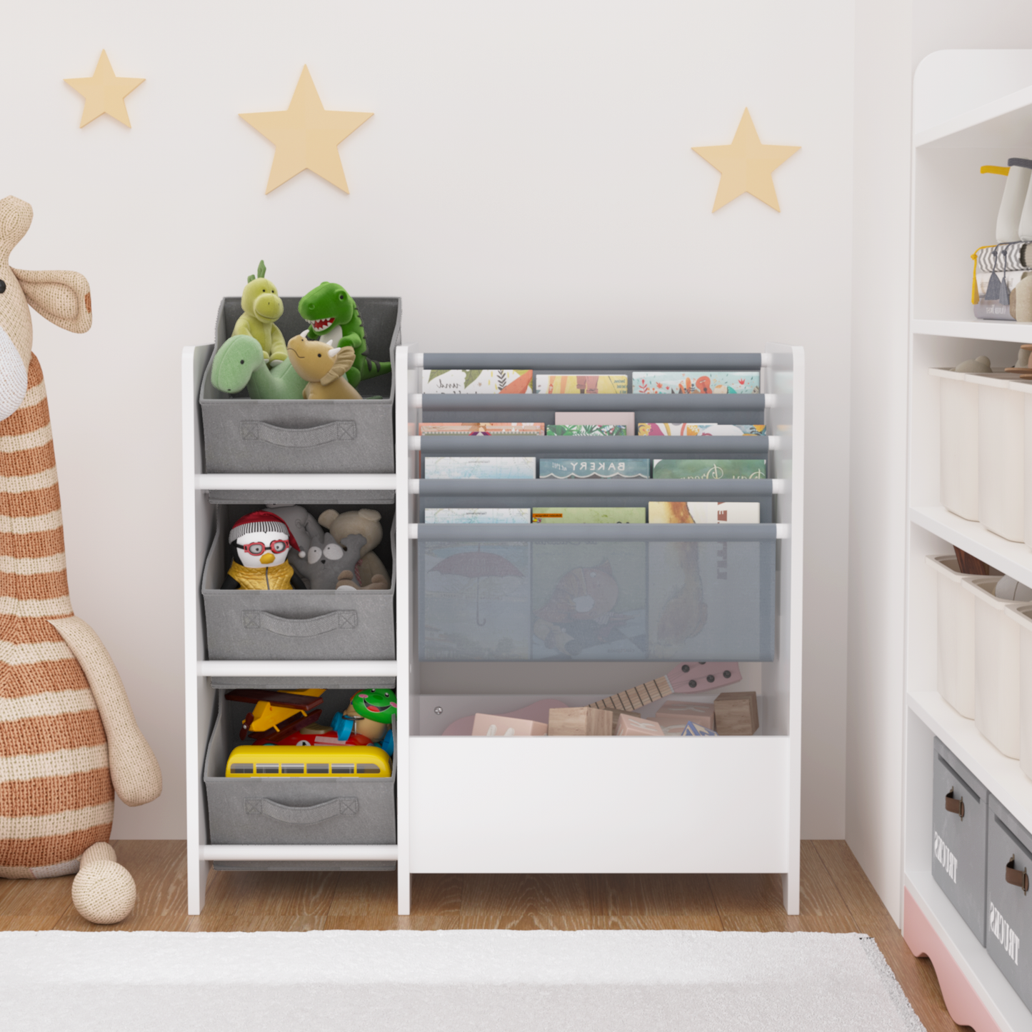 SESSLIFE 4 Tier Kids Bookshelf, Wooden Bookshelf for Kids with 3 Collapsible Fabric Drawers, Modern Toy Storage Organizer, Children’s Book Display for Playroom, Nursery, White/Grey