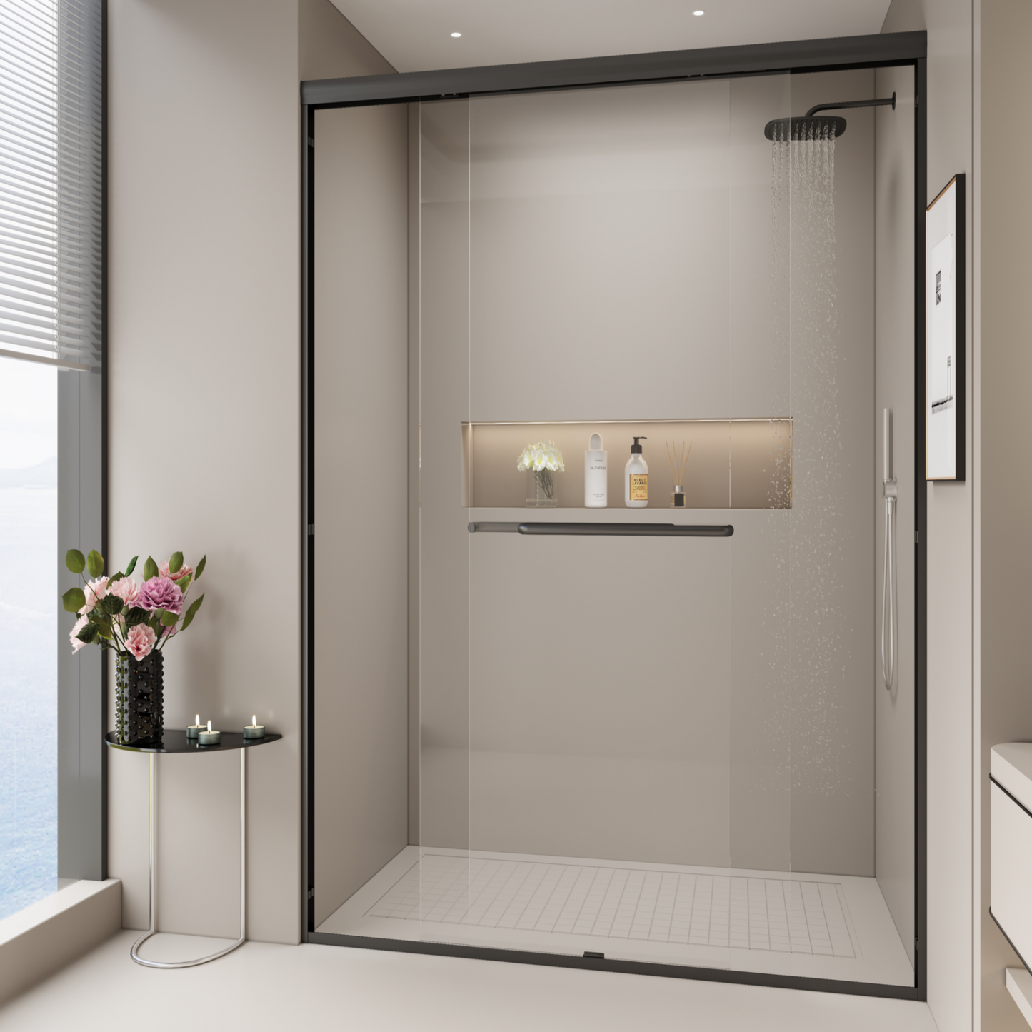 SESSLIFE Double Sliding Shower Door, Tempered Glass with Anti-Leak and Anti-Collision Design, Quiet Close Reversible Doors for Bathtub or Walk-In Shower, Easy to Clean, Matte Black
