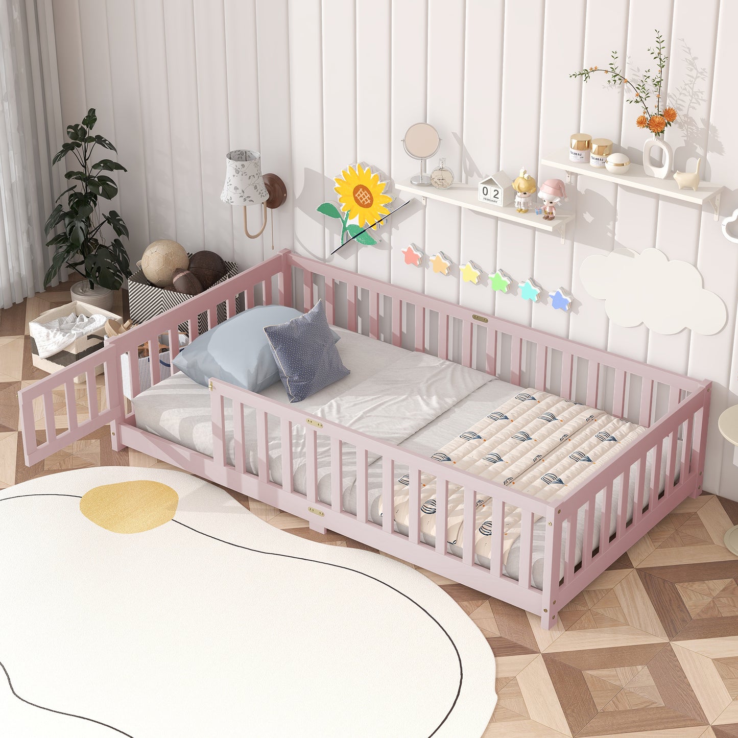SESSLIFE Twin Size Floor Bed with Safety Fence, Low Profile Platform Bed Frame with Guardrails, Solid Wood Floor Bed with Slats, No Box Spring Needed, White
