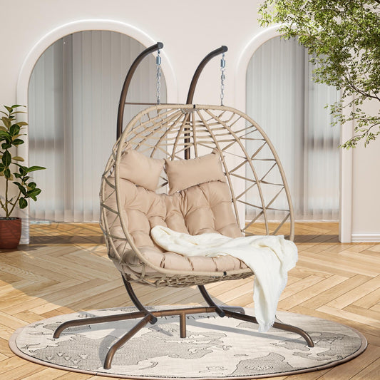 Double Egg Swing Chair with Stand, 2 Persons Hanging Egg Chair, 600LBS Capacity Indoor Outdoor Wicker Basket Oversized Hammock Chair for Backyard Balcony Bedroom, Brown Wicker+Khaki Cushion