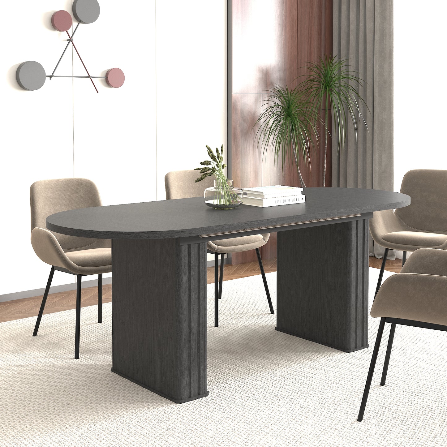 SESSLIFE Oval Extendable Dining Table, 4 to 8 Seater Kitchen Table with with Wooden Base and Rounded Corners, Space Saving Kitchen Table for Small Home and Apartment, Black