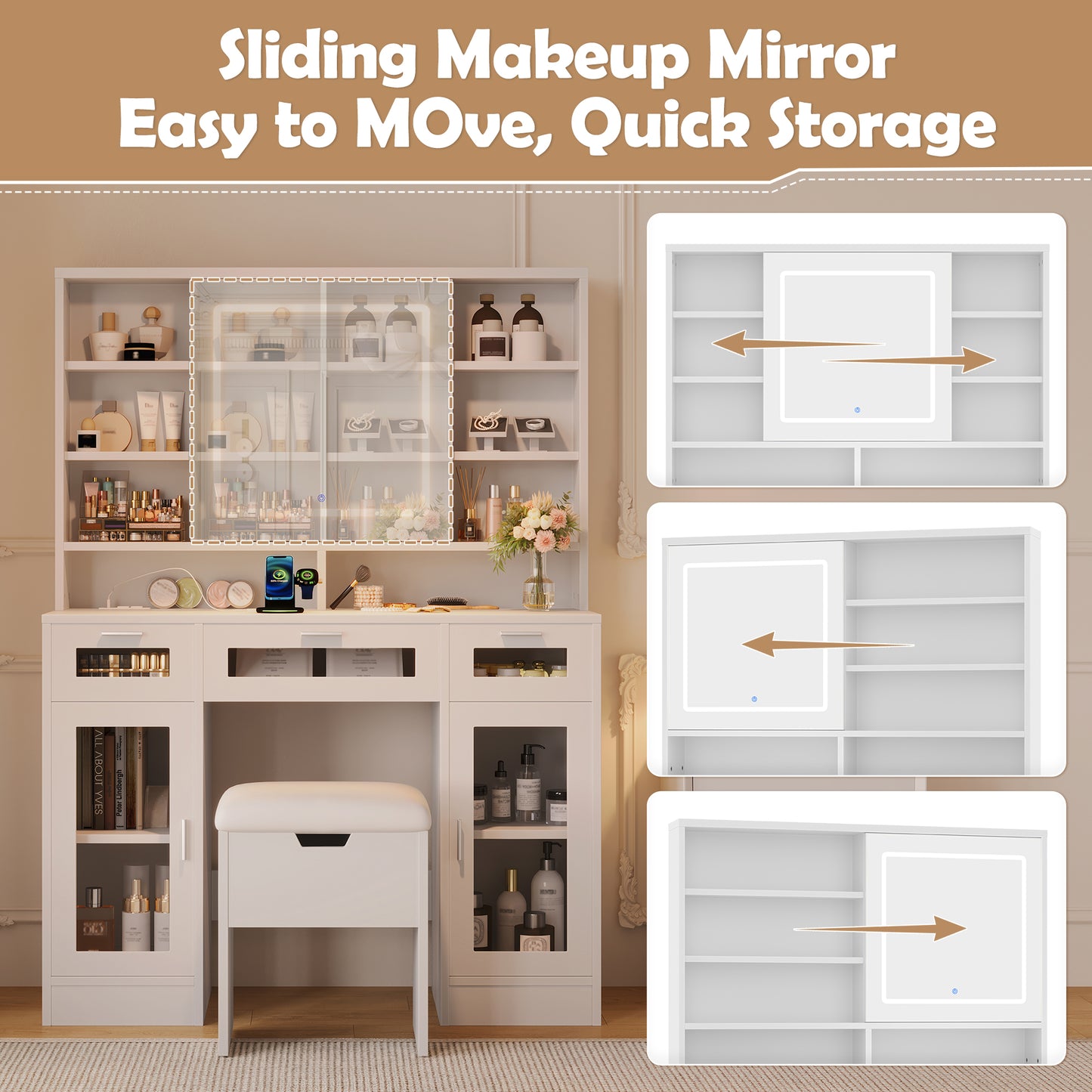 SESSLIFE Makeup Vanity Set with 3 Mode Lights and RGB Cabinet, 41.3" Dressing Table featuring a Sliding Mirror, Charging Station with AC/USB Ports, Multiple Storage Drawers, White