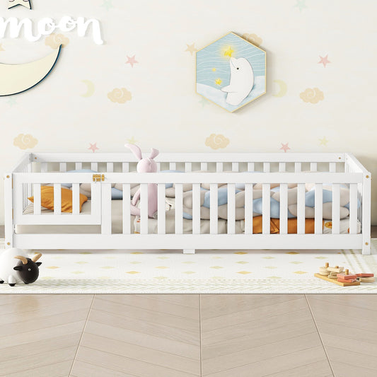 SESSLIFE Twin Size Floor Bed with Fence and Door, Wood Toddler Bed with Safety Guardrails and Slats, Montessori Bed, Twin Bed Frame for Kids, Boys, Girls, No Box Spring Needed, White
