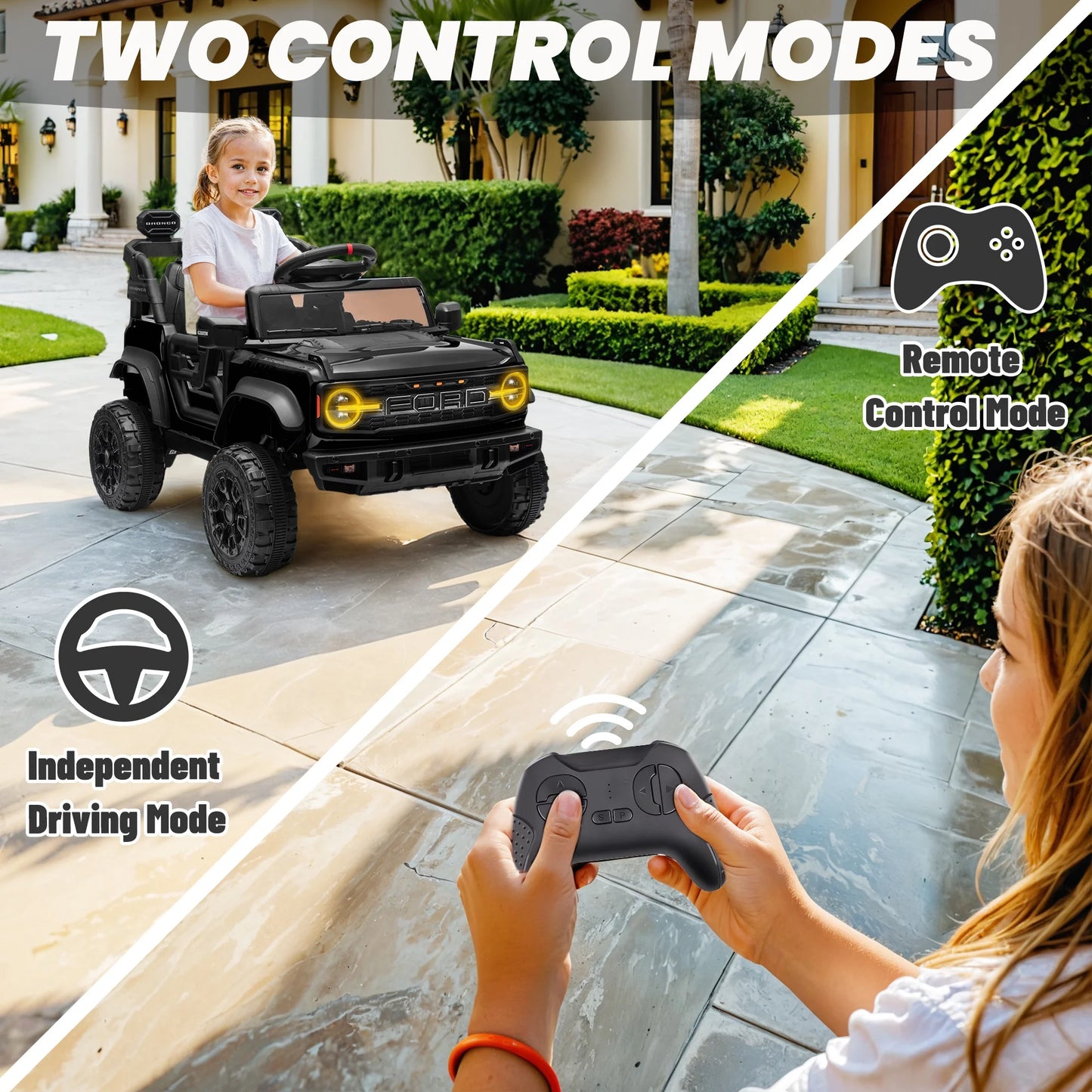 Ford Bronco Raptor Powered Ride on Truck, 12V Powered Kids Ride on Toy Cars with Remote Control, Bluetooth, LED, MP3, Safety Belt, 4 Wheelers, Electric Car for Kids Girls 3-5 Gift, Black