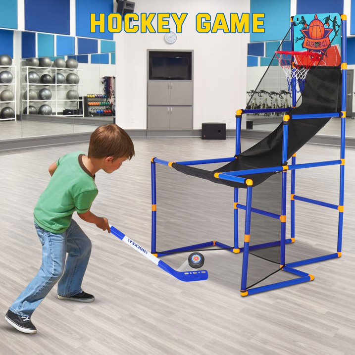 3 in 1 Kids Arcade Basketball Game & Hockey & Soccer, With 4 Basketball Balls, Football, Hockey, Hockey Stick, Pump, Electronic Scoreboard Sound for Toddlers, Basketball Goal for Kids Boys Girls