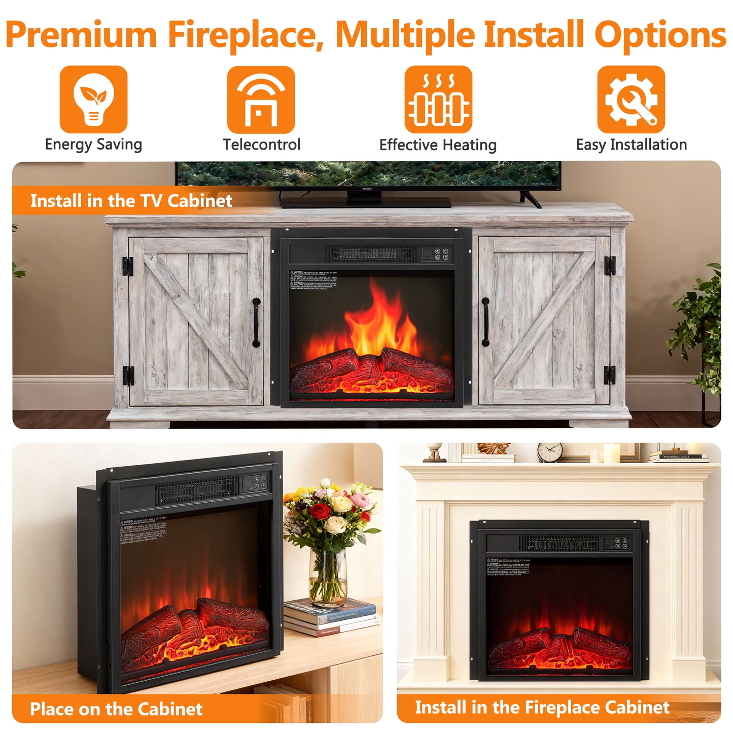18" Fireplace Heaters for Inside, 3D Electric Fireplace Insert, 1400W Fireplace Heater, Adjustable Flame and Low Noise, CSA Certification