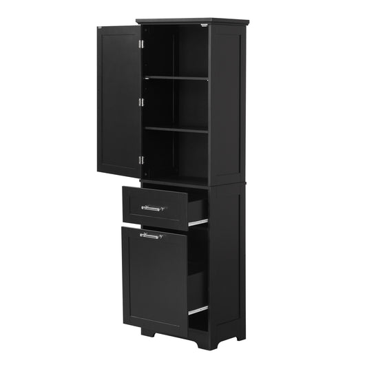 Tall Bathroom Cabinet, Wood Bathroom Storage Cabinet with 2 Drawers and Adjustable Shelves, Modern Storage Cabinet with Door, Freestanding Bathroom Floor Cabinet for Bathroom, Black