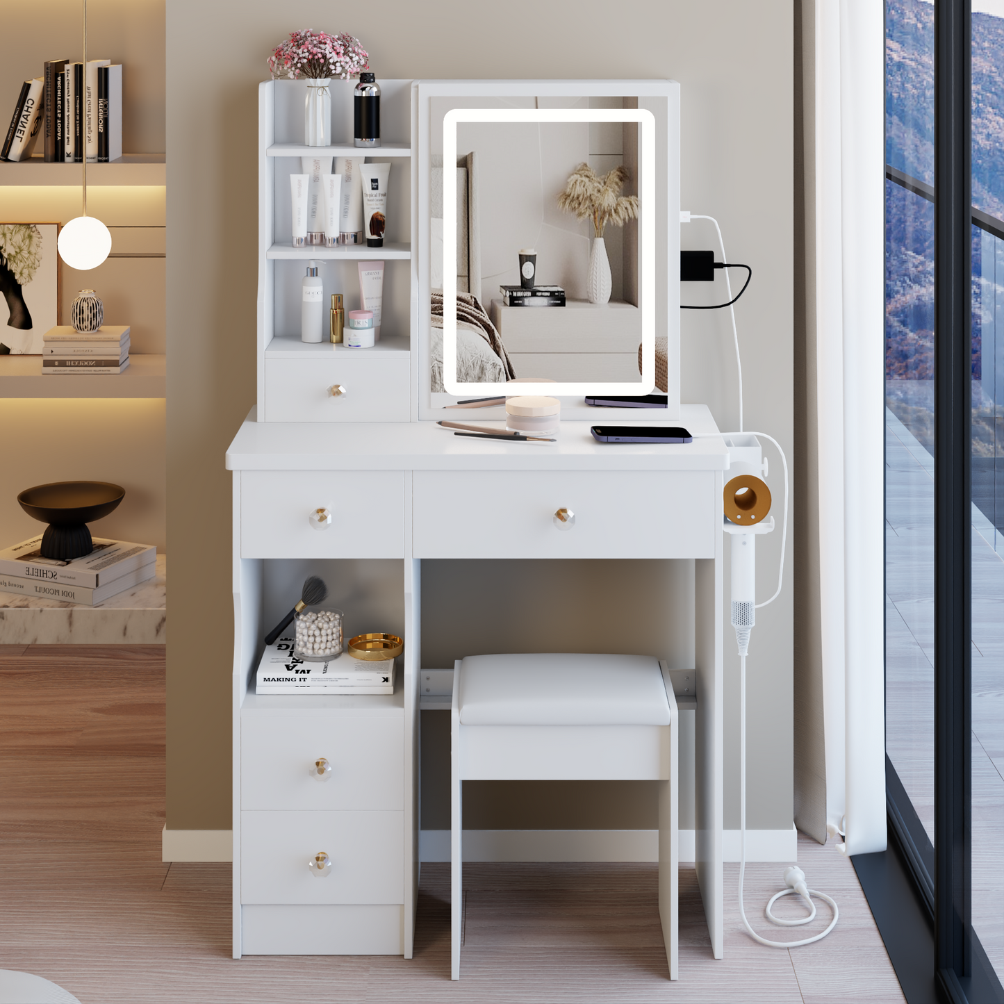 SESSLIFE Vanity Desk with Mirror and Lights, Modern Vanity Desk with Storage and Stool, Makeup Vanity with USB Ports for Small Spaces, White
