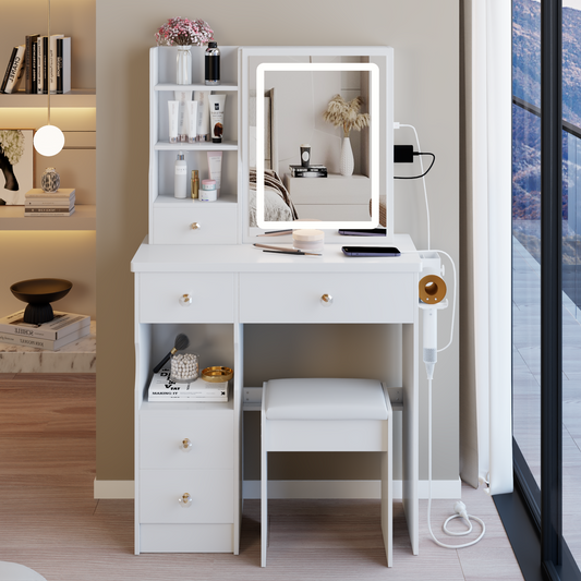 SESSLIFE Vanity Desk with Mirror and Lights, Modern Vanity Desk with Storage and Stool, Makeup Vanity with USB Ports for Small Spaces, White