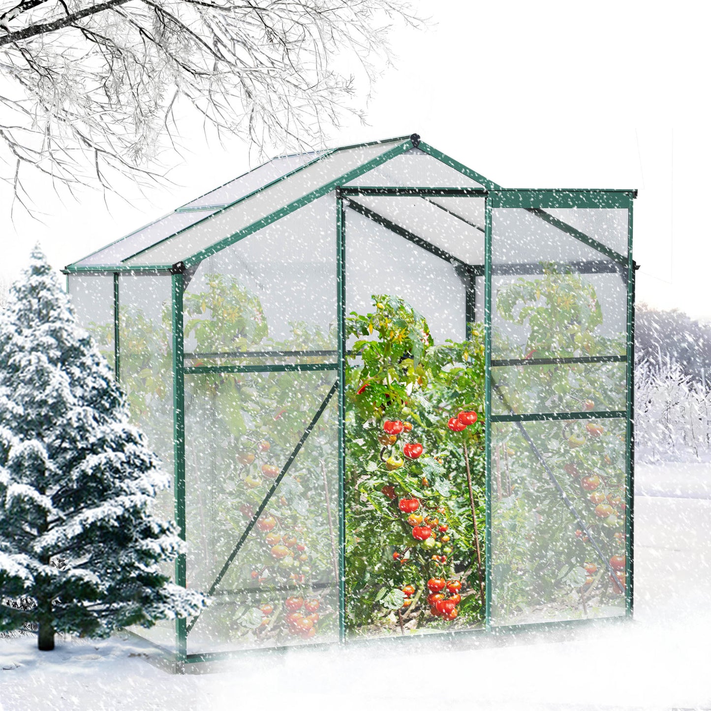 Walk in Greenhouse, Garden Greenhouse for Outdoors, Upgraded Polycarbonate Plant Greenhouse with Sliding Door, Adjustable Roof Ven