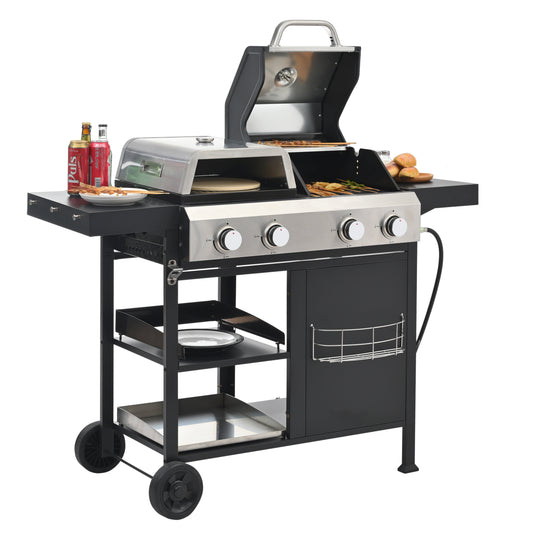 4 Burner Multi-function Propane Gas Grill, 3 IN 1 Gas Grill and Griddle Combo for Barbecue Fring Pizza, 49200 BTU BBQ Gril Griddle Outdoor Cooking Station with Storage and Side Shelves