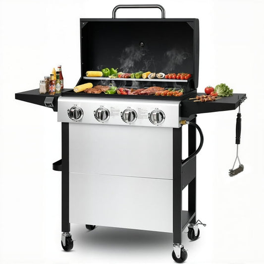 4 Burner Propane Gas Grill, 36,000BTU Stainless Steel Barbecue Grill with Foldable Side Table, Built-in Thermometer, Hanging Basket for Outdoor BBQ Camping Grill