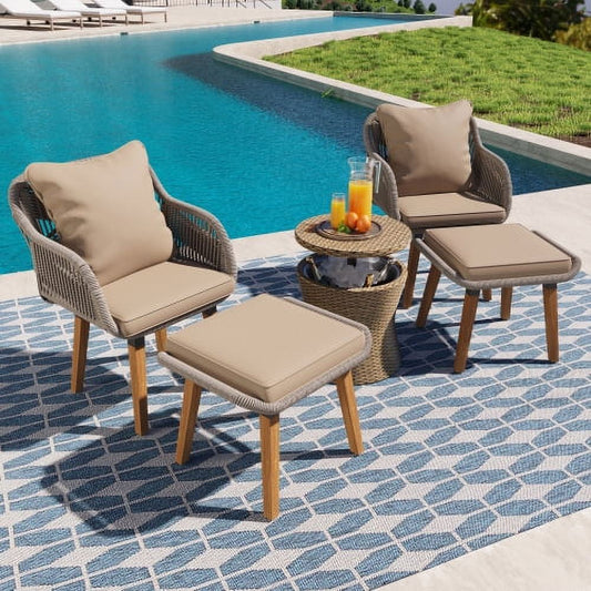 Enyopro 5-Piece Patio Furniture Sets on Sale, with Wicker Cool Bar Table & Ottomans, Acacia Wood Chairs, Outdoor Conversation Set with FSC Certified, Brown