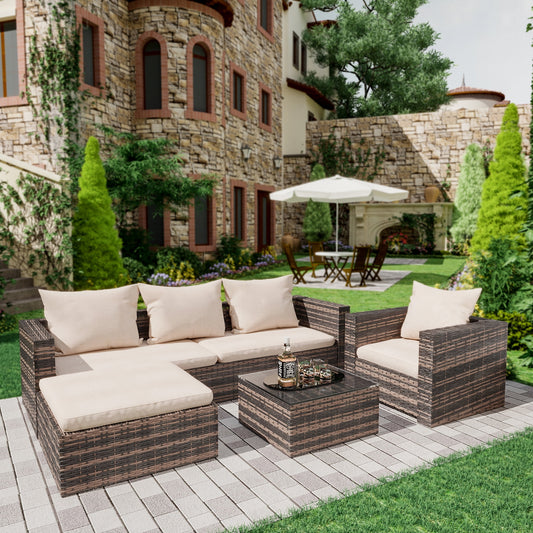 4 Pieces Outdoor Sectional Sofa Set, Wicker Patio Furniture Set with Ottoman and Coffee Table, PE Rattan Patio Seating Sets for Porch Deck Poolside