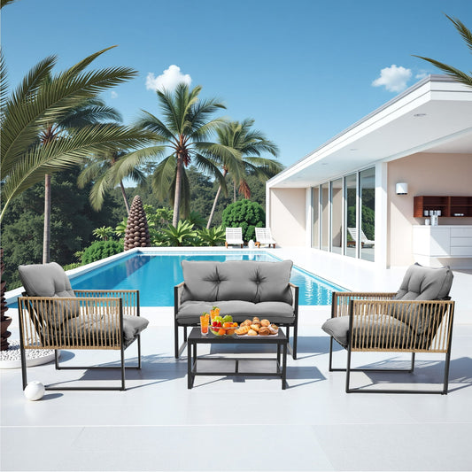4 Pieces Patio Conversation Sets, All Weather Wicker Sofa Outdoor Furniture Set with Lounge Sofa and Glass Table, Modern Outside Lawn Deck Furniture Set, Beige Brown