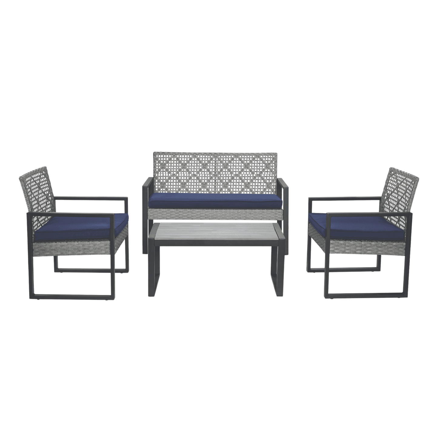 4 Pieces Patio Conversation Sets, All Weather Wicker Sofa Outdoor Furniture Set with Lounge Sofa and Glass Table, Modern Outside Lawn Deck Furniture Set, Light Gray