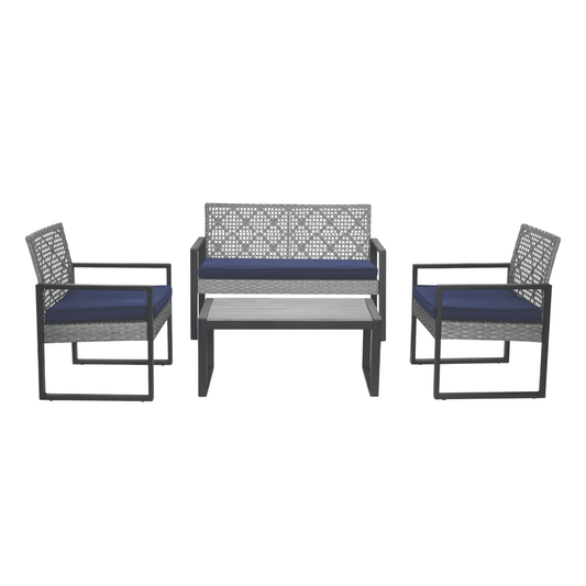 4 Pieces Patio Conversation Sets, All Weather Wicker Sofa Outdoor Furniture Set with Lounge Sofa and Glass Table, Modern Outside Lawn Deck Furniture Set, Light Gray