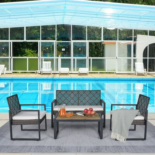 4 Pieces Patio Conversation Sets, All Weather Wicker Sofa Outdoor Furniture Set with Lounge Sofa and Glass Table, Modern Outside Lawn Deck Furniture Set, Brown