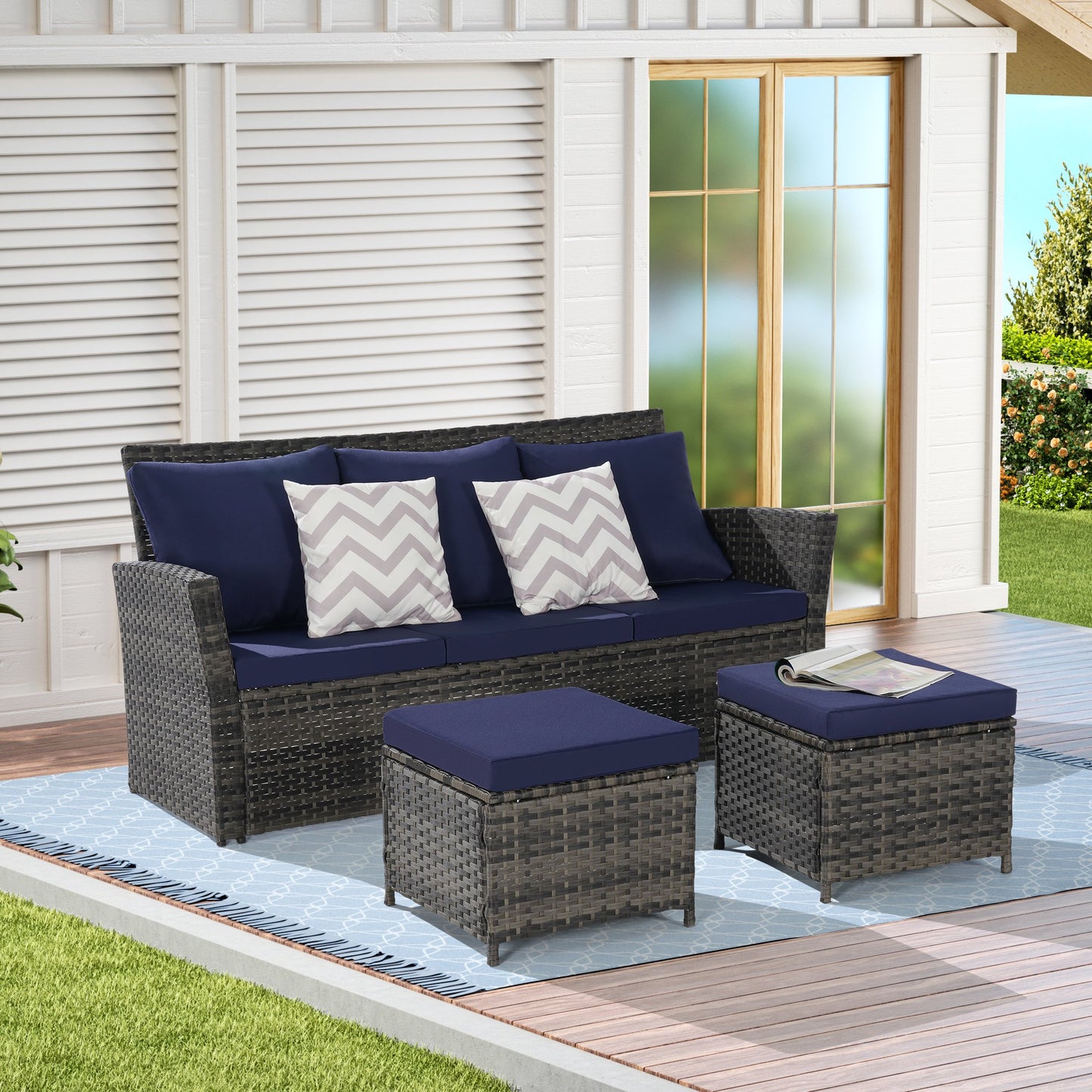 Enyopro 3 Piece Patio Furniture Set with 2 Ottomans, Outdoor Wicker Sofa Rattan Patio Conversation Sets, All-Weather PE Wicker Furniture Sets for Patio Porch Deck Balcony, Beige