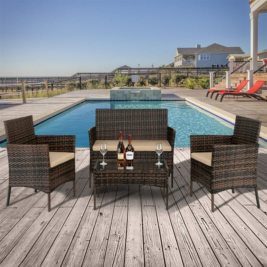 4 Pieces Wicker Patio Furniture Set, PE Rattan Outdoor Furniture Set, Patio Bistro Set with Glass Coffee Table, Outdoor Furniture Set for Garden, Backyard, Porch, Balcony, Poolside