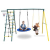4 in-1 Swing Set for Kids, Outdoor A-Frame Metal Swing Sets with Ladder, 2 Swing Seats, and 1 Basketball Hoop, 3-4 Kids Swing Set Backyard Games