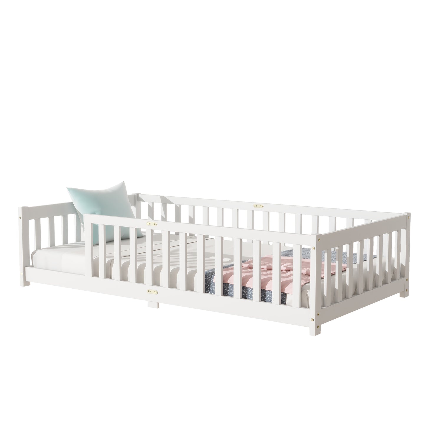 SESSLIFE Twin Size Floor Bed with Safety Fence, Low Profile Platform Bed Frame with Guardrails, Solid Wood Floor Bed with Slats, No Box Spring Needed, White