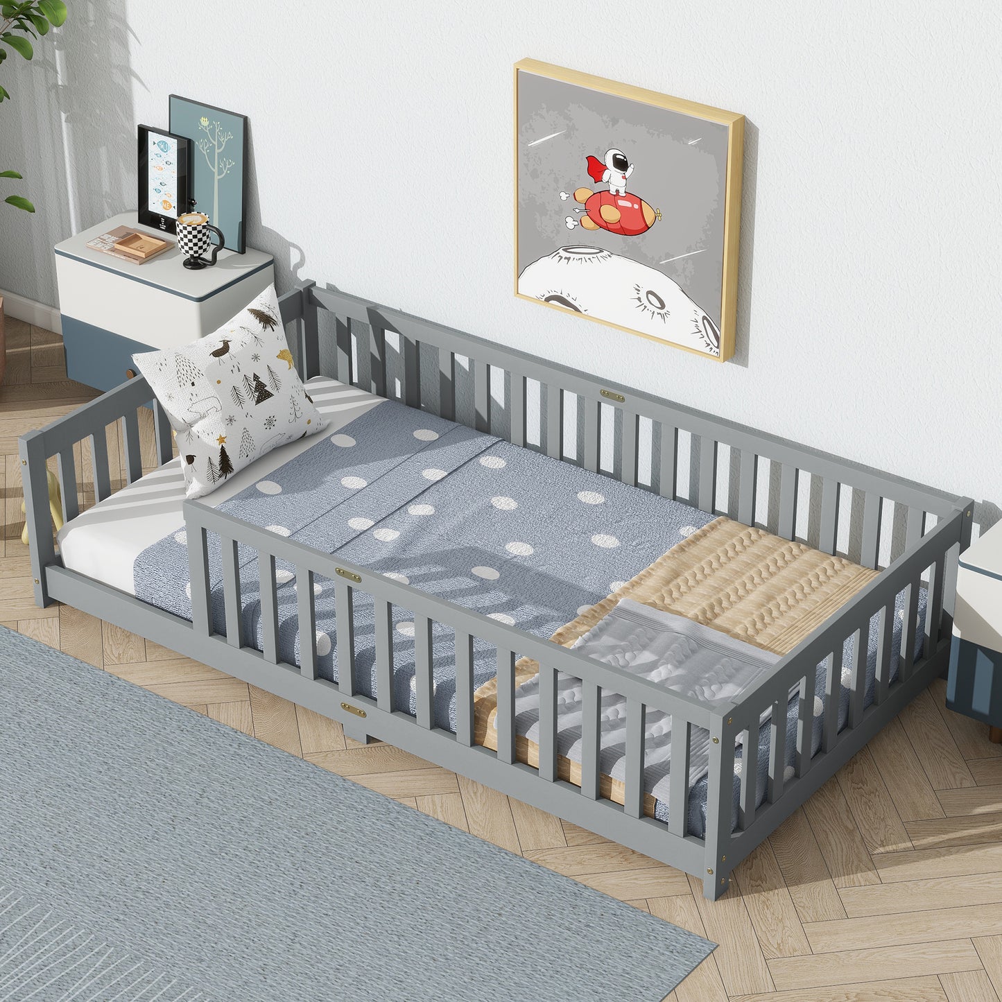 Sesslife Twin Montessori Floor Bed, Twin Size Floor Bed with Fence Without Door, Toddler Bed with Salts, Safety Guardrails, No Box Spring Needed, Twin Bed for Kids Girls, Boys, White