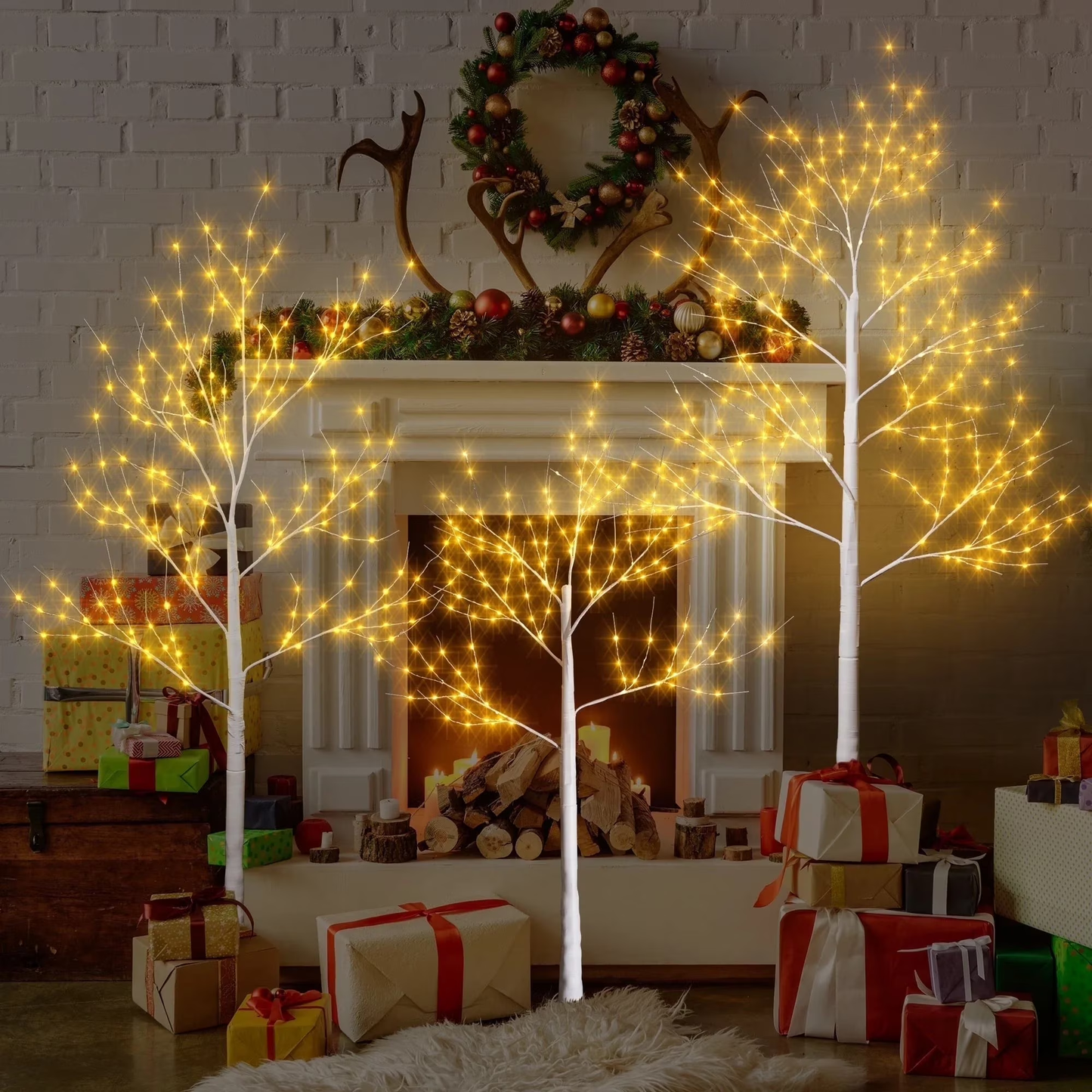 SESSLIFE 3pc Birch Christmas Tree Set, 4/5/6 FT Pre-lit Christmas Trees, Indoor Outdoor Christmas Trees for Home Party Office, White