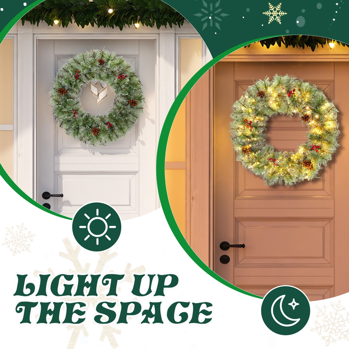 SESSLIFE 2Pcs Christmas Wreath, 24 Inch Pre-Lit Artificial Xmas Wreaths with 100 Warm White LEDs and Pine Cones, Battery Powered Artificial Wreaths for Indoor and Outdoor Decor