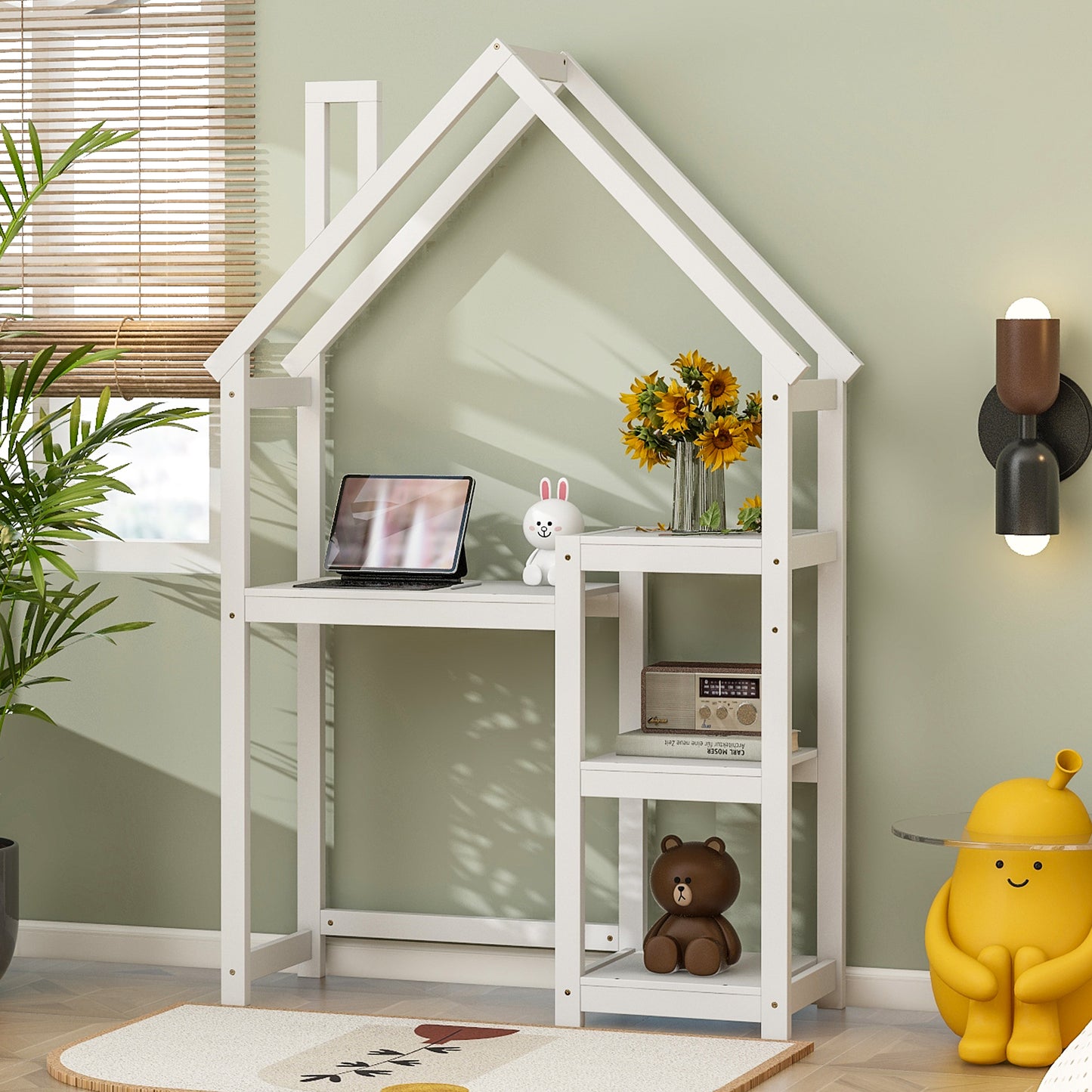 House-Shaped Writing Desk, Wooden Study Table with Shelves, Study Desk with Bookshelf, Toy Storage for Kids, Boys, Girls,