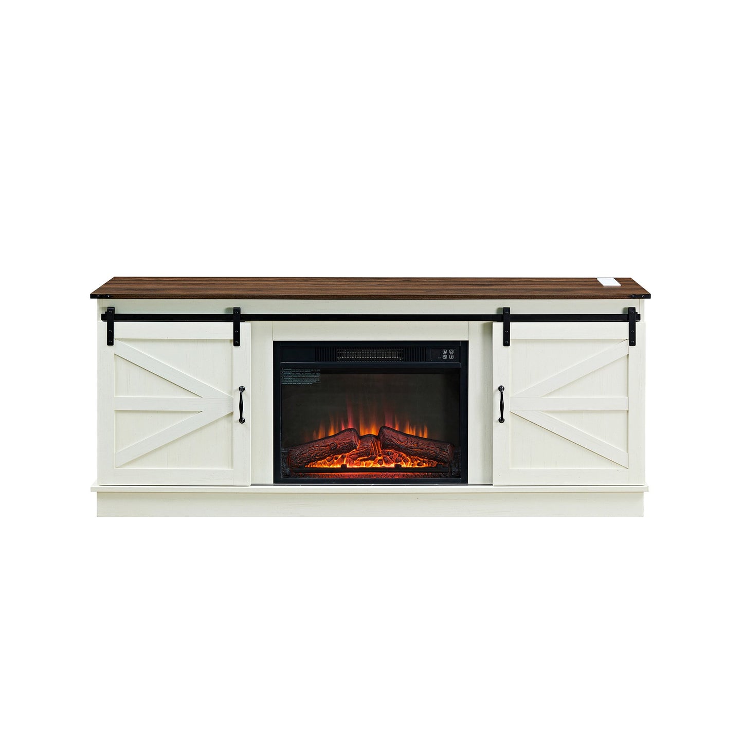 Sesslife Electric Fireplace TV Stand for 80" TVs, Farmhouse TV Console Table with Sliding Barn Doors and Adjustable Shelves, Entertainment Center with Charging Station and Storage Cabinet, white