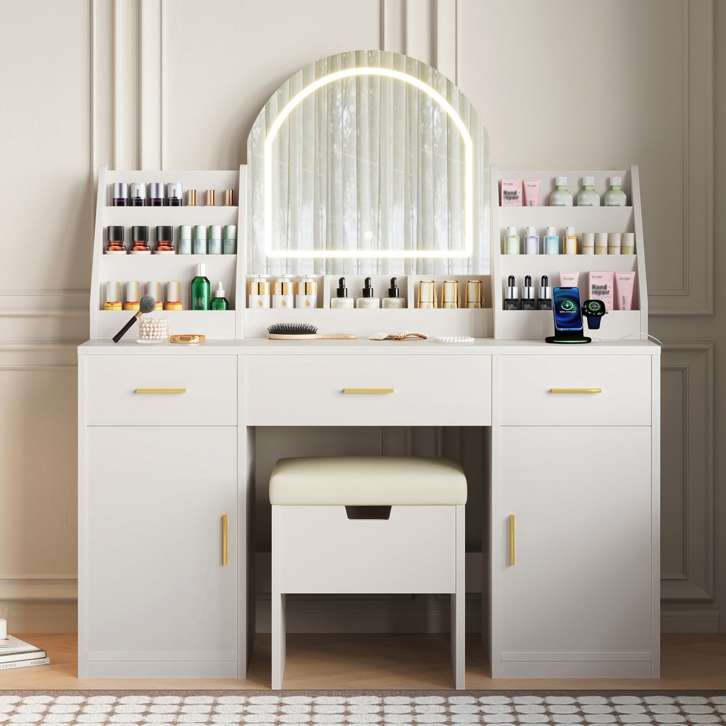SESSLIFE Makeup Vanity with Lights and Storage, 47.2 Inch Modern Vanity Desk with LED Mirror, 3 Drawers, 2 Cabinets, Charging Station and Stool, White