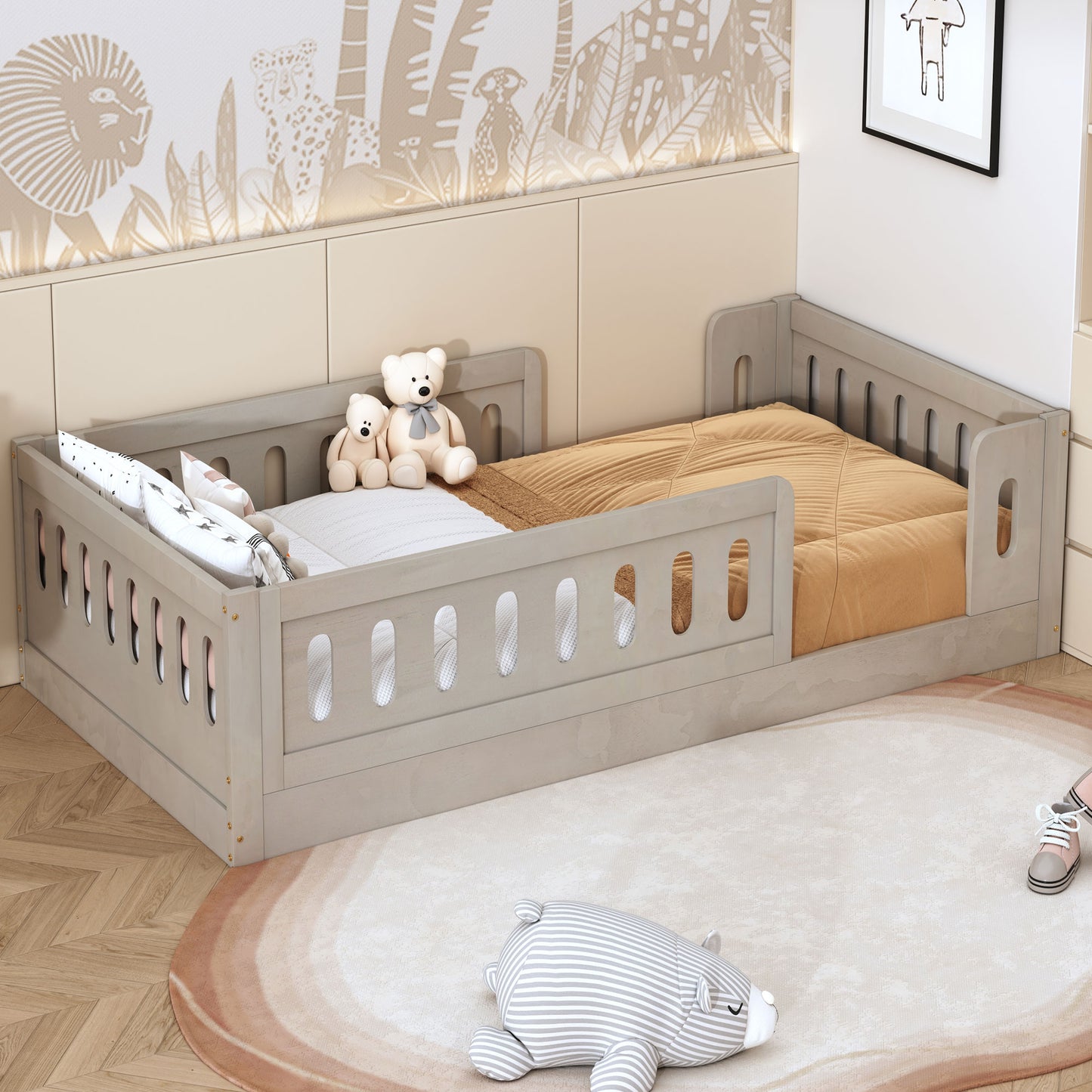 Twin Size Floor Bed Frame, SESSLIFE Twin Platform Bed with Fence for Kids, Wood Toddler Bed Montessori Floor Bed with Safety Guardrail for Boys Girls, No Box Spring Needed, White