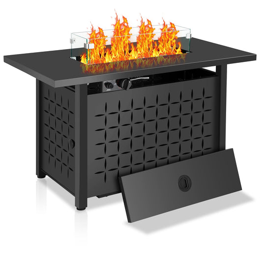 43" Rectangular Outdoor Fire Pit Table, Black Metal Propane Fire Pit with Tempered Glass Top and Wind Guard, 60,000 BTU Auto-Ignition