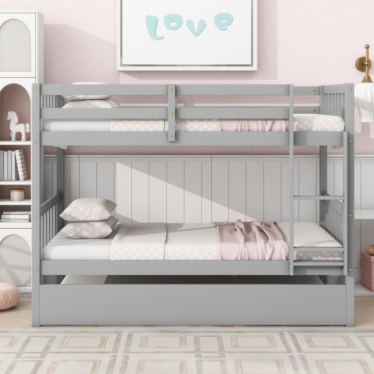 Sesslife Twin Over Twin Bunk Bed with Trundle, Wood Twin Over Twin Convertible Bunk Bed with Guardrails, Ladder, Bunk Bed for Kids, Dorm, Bedroom, White