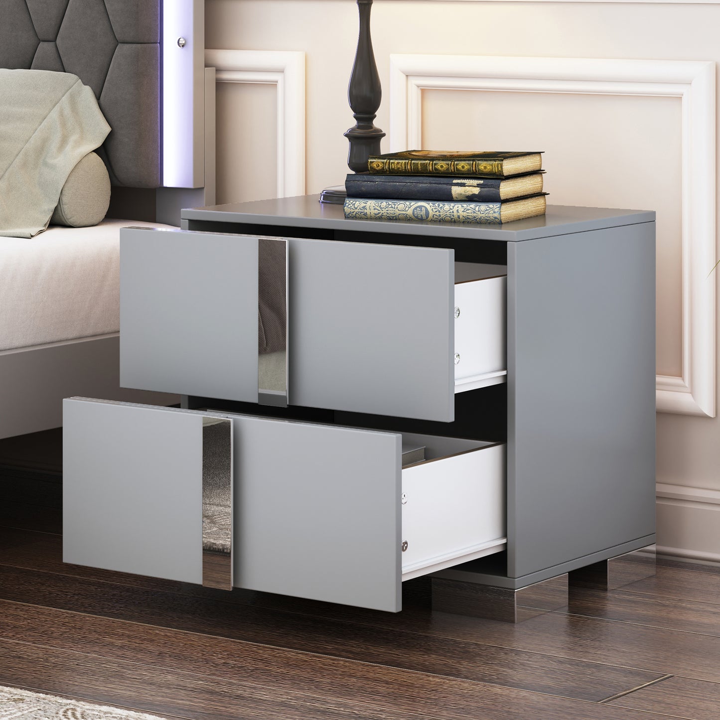 Nightstand, Wood Side Table with Metal Handle, Modern Mirrored Beside Table with 2 Drawers for Bedroom, Living Room, White