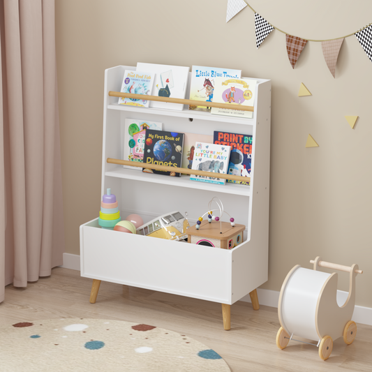 Bookshelf for Kids, Wooden Kids Bookcase with Kids Toy Storage Cabinet and 2 Shelves, Freestanding Bookshelf Organizer for Bedroom, Playroom, White