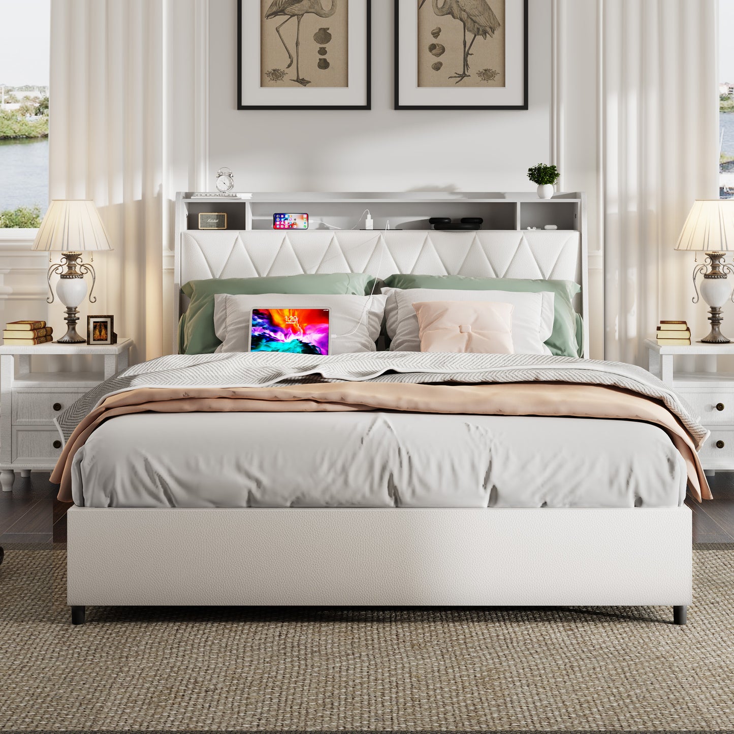 Full Bed Frame with Ergonomic Headboard, Metal & Wood Platform Bed with Charging Station and 4 Storage Drawers, Modern Full Size Upholstered Bed Frame, No Box Spring Needed, White