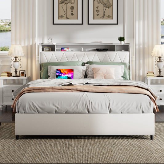 Full Bed Frame with Ergonomic Headboard, Metal & Wood Platform Bed with Charging Station and 4 Storage Drawers, Modern Full Size Upholstered Bed Frame, No Box Spring Needed, White