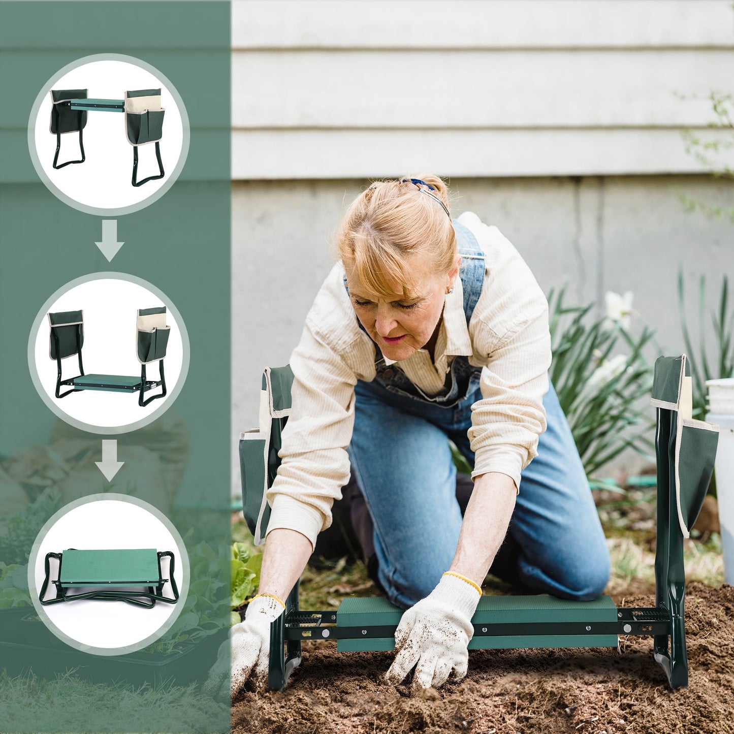 Folding Garden Kneeler and Seat, Garden Bench for Kneeling and Sitting, Heavy Duty Garden Kneeler with Tool Gloves, Green